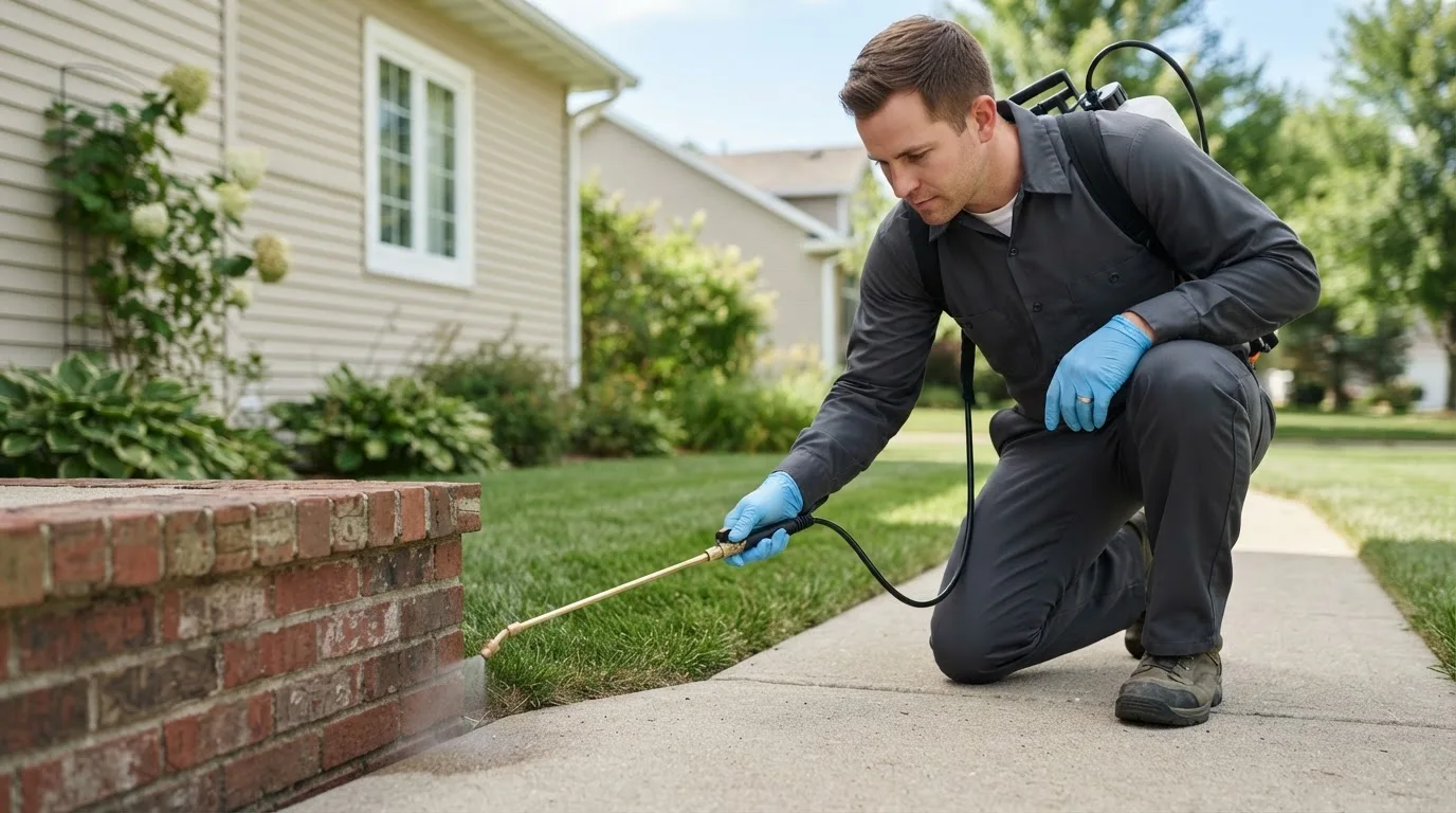 Pest control technician treating a home near Northwood, ND